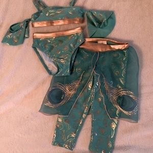 Size 2 Disney princess jasmine bikini and pants, NWOT, peacock and gold